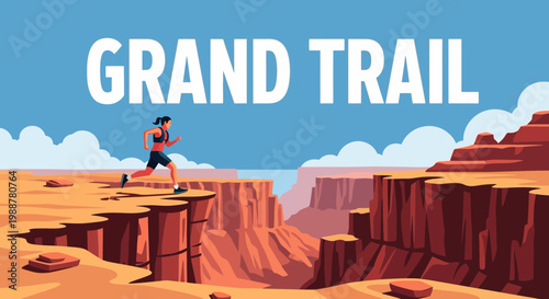 Woman Runs Through Grand Canyon On Trail Adventure Illustration For Fitness and Sport