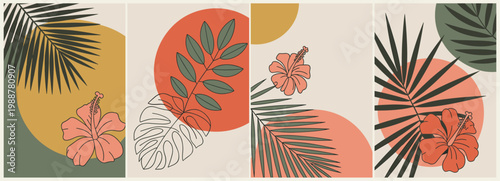 Tropical leaves and flowers in bold, minimalist style. Soft pastels contrast with warm earth tones. Ideal for wellness, travel, or eco-conscious designs. Simple shapes evoke calm, nature