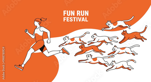 Woman Runs With Cats at Fun Run Festival, A Cheerful and Playful Illustration