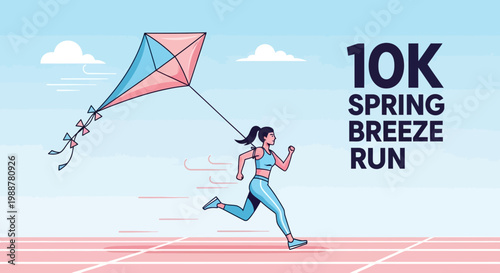 Woman Runs With a Kite During the 10K Spring Breeze Race in a Bright Open Sky