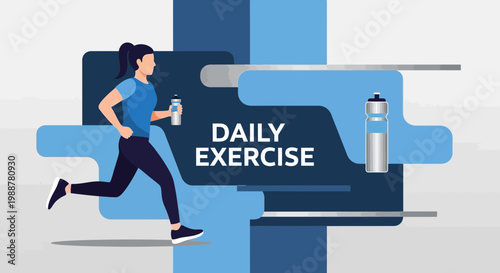 Woman Runs With Water Bottle Depicting Daily Exercise In Vibrant Minimalist Illustration