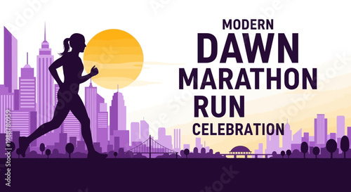 Woman Silhouetted Running During Dawn Marathon Celebration In Modern Metropolis Vibe