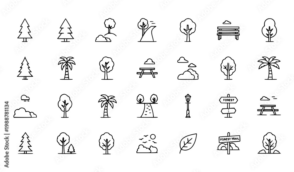 Fototapeta premium Forest Trees and Park Icons Set Thin Line Editable Stroke Nature Vector Collection