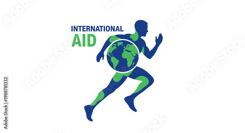 Worldwide Aid Concept Depicting Human Silhouette Running with Global Map for Helping Projects