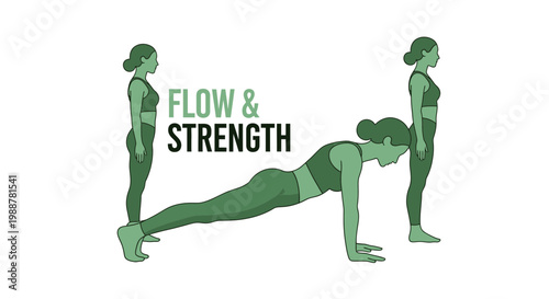 Yoga Exercise Depicting Flow and Strength with Three Women Posing in Green Outfits