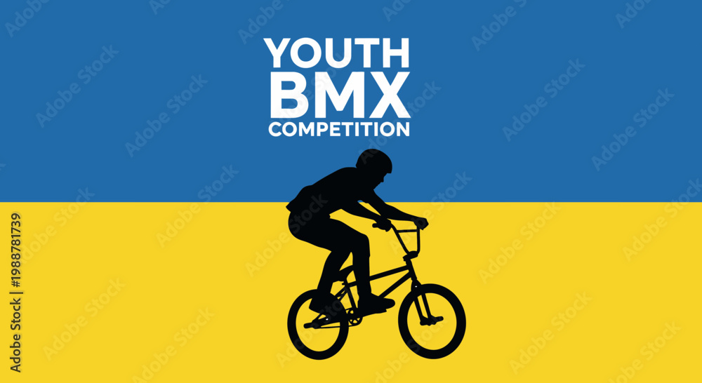 Fototapeta premium Youth BMX Competition Artwork Against Blue and Yellow Background with Cyclist Silhouette