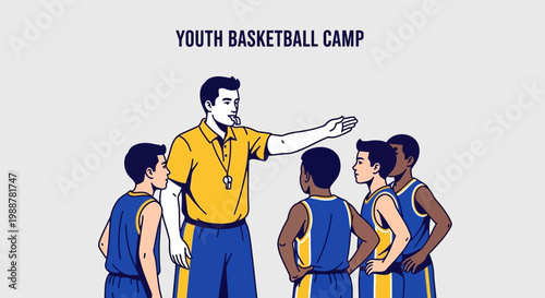 Youth Basketball Camp Illustration: Coach Instructing Players About Game Strategy and Tactics