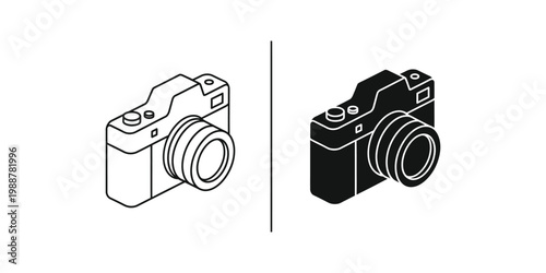Isometric illustration of two different style cameras with contrasting designs