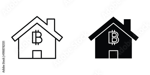 Cryptocurrency symbol incorporated into house illustrations with contrasting styles