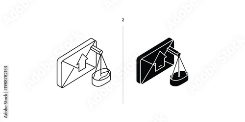 Isometric balance scale depicting digital and analog representations of data growth.