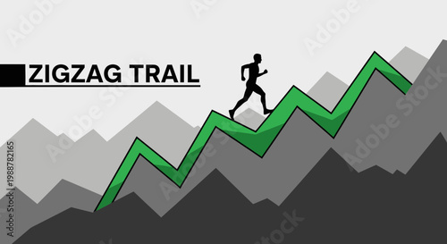 Zigzag Trail Concept Showing Runner Climbing Ascending Path Of Peaks To Success