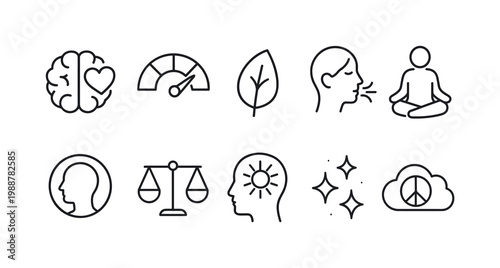 Collection of simple line icons representing mental health and well-being concepts