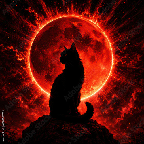 Dramatic silhouette of a black cat sitting before a blazing red moon with fiery solar flares in a dark cosmic sky. Perfect for album covers, posters, and bold fantasy branding