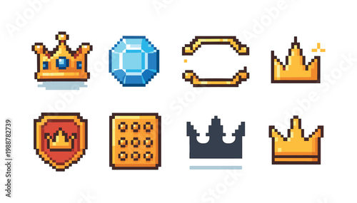 Pixel art collection of royal crowns, gems, and shields for game assets