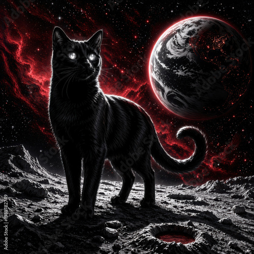 Striking black cat standing on a barren alien landscape under a red cosmic sky with a glowing planet behind. Perfect for sci fi posters, album covers, and dramatic branding visuals