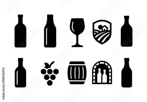 Collection of simple black icons representing winemaking and vineyard elements