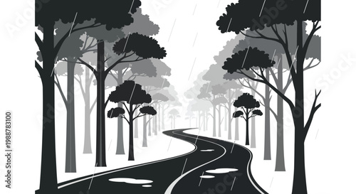 A winding road stretches through a dark forest during a rainstorm