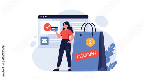 Flat style vector illustration of a woman holding a credit card next to a large shopping bag with sale label, representing online payment, retail discount campaigns, and digital purchasing behavior