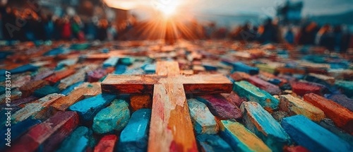 Vibrant multicolor cross illustration with bold overlapping hues symbolizing faith and spiritual diversity