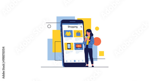 Flat style vector illustration of a woman using a smartphone to browse a shopping app, illustrating mobile commerce, online retail experience, and digital shopping behavior