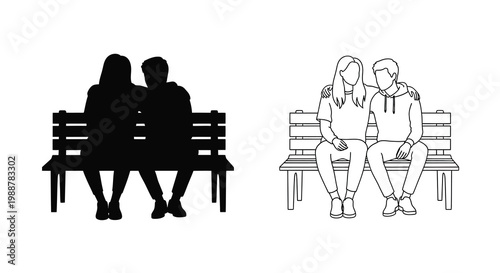 Couples on a bench depicted in contrasting line art styles