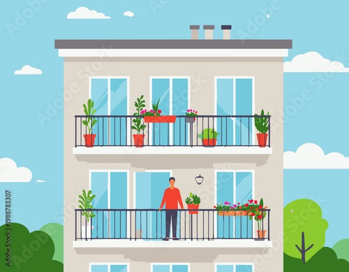  Edificio residencial con balcones y plantas en estilo plano, ilustración vectorial.
