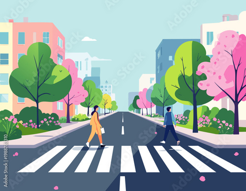  Personas cruzando calle en ciudad con árboles en flor en estilo plano, ilustración vectorial.
