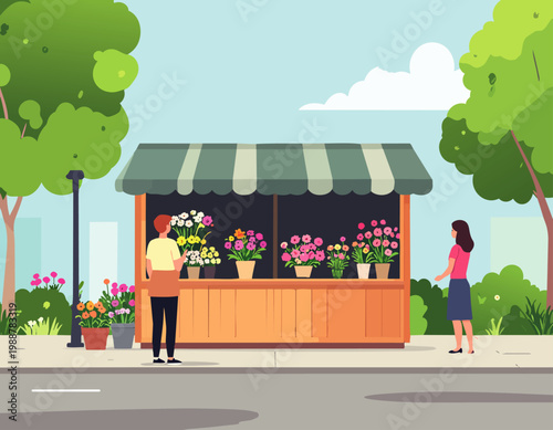  Puesto de flores en la calle con personas comprando en estilo plano, ilustración vectorial.
