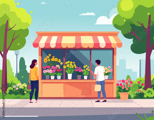  Mercado de flores al aire libre con clientes en estilo plano, ilustración vectorial.
