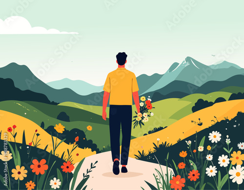  Persona caminando por sendero rodeado de flores y montañas en estilo plano, ilustración vectorial.
