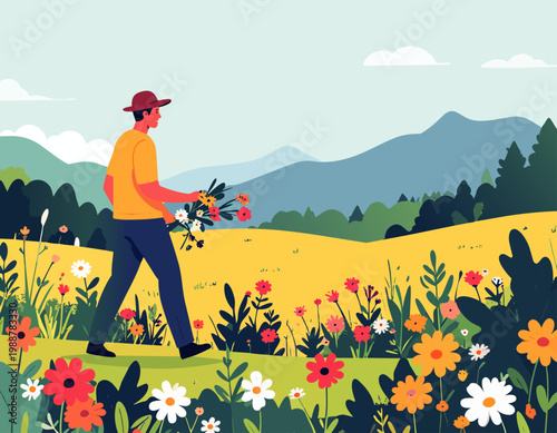  Hombre caminando entre flores en paisaje natural en estilo plano, ilustración vectorial.
