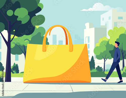  Bolso grande en entorno urbano con persona caminando en estilo plano, ilustración vectorial.
