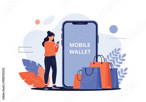 Flat style vector illustration of a woman using a mobile wallet app with coins and shopping bags, representing cashless payment, ecommerce transactions, digital finance, and modern shopping lifestyle