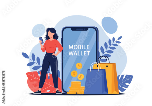 Flat style vector illustration of a woman using a mobile wallet app with coins and shopping bags, representing cashless payment, ecommerce transactions, digital finance, and modern shopping lifestyle