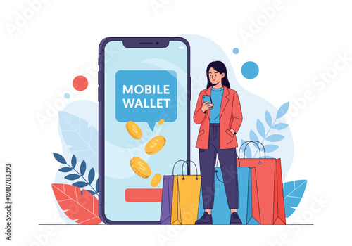 Flat style vector illustration of a woman using a mobile wallet app with coins and shopping bags, representing cashless payment, ecommerce transactions, digital finance, and modern shopping lifestyle