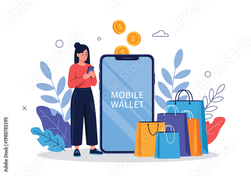 Flat style vector illustration of a woman using a mobile wallet app with coins and shopping bags, representing cashless payment, ecommerce transactions, digital finance, and modern shopping lifestyle