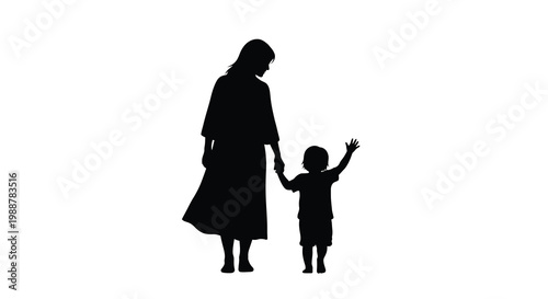 Silhouette of a mother and child walking and waving together
