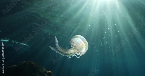 jellyfish scenery with long tentacles underwater moving slow and close sun beams and sun rays ocean scenery  mediterranean pelagia noctiluca