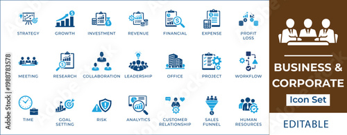 Business and corporate icon set featuring financial growth, strategic planning, team management, business analytics, leadership, workflow optimization, and enterprise goal symbols.