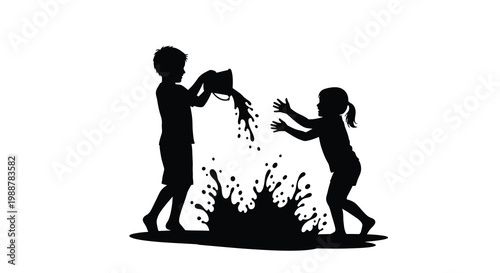 A boy playfully pours water onto a girl creating a splash