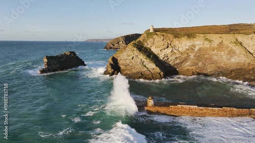 Seascape at storm from a drone, Portreath, Redruth, Cornwall