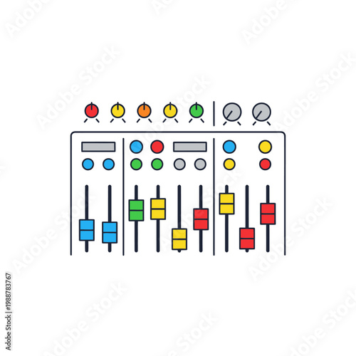 Audio Mixer Control Board with Colorful Faders and Knobs