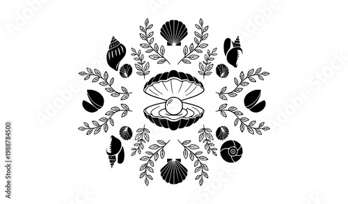 Marine botanical vector symmetry seashell clam pearl black white design