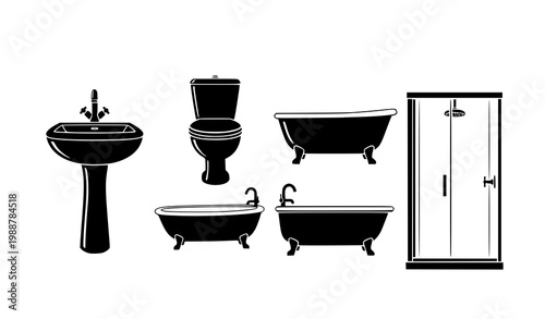 Bathroom fixture icon set vector sink toilet bathtub shower black