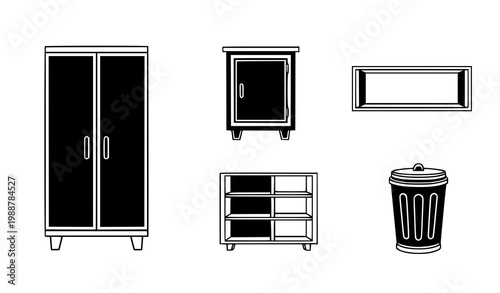 Storage furniture vector icon set black white wardrobe cabinet shelf