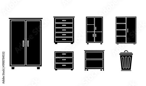 Furniture storage vector icons set wardrobe shelf cabinet trash bin