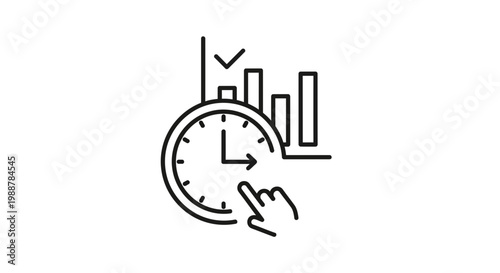 Time Management and Analytics Icon: Clock, Bar Chart, and Finger Tap