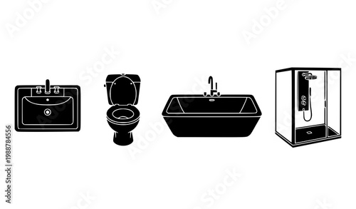 Bathroom fixtures vector icon set sink toilet bathtub shower black