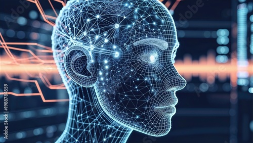 Futuristic AI Human Head Concept with Data Interaction