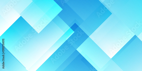 Abstract blue geometric background with overlapping transparent squares and diagonal light rays for corporate tech design